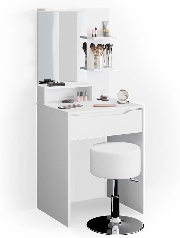 Tavolo da toeletta Ruben, Bianco, 60 cm con sgabello, Compatto e salvaspazio – ideale per ambienti piccoli