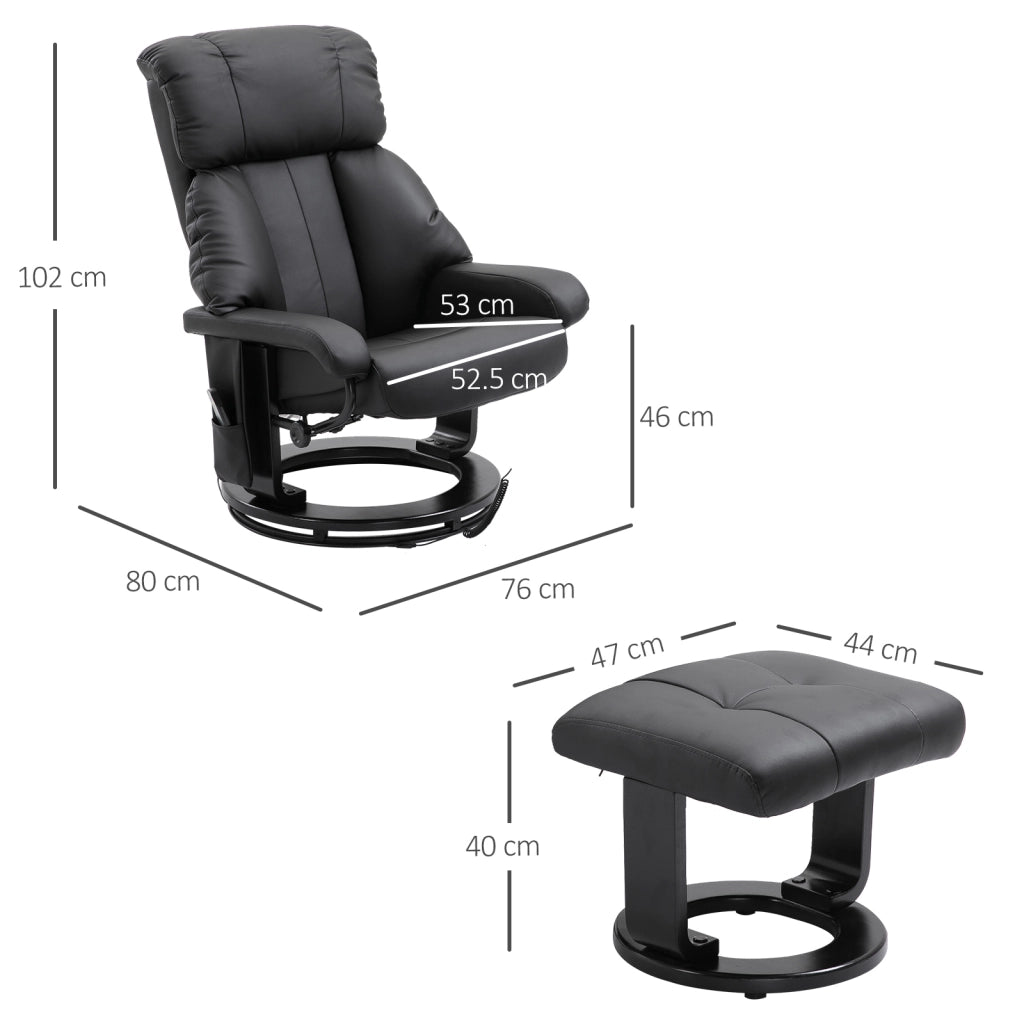 Poltrona Relax Reclinabile e Massaggiante con Pouf Poggiapiedi e Telecomando, 76x80x102 cm Nero