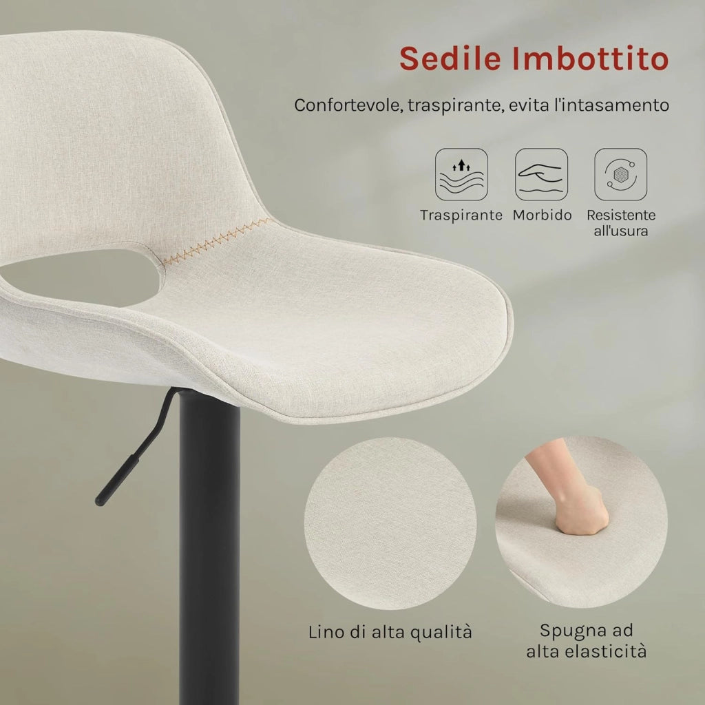 Set di 2 Sgabelli da Cucina, Sedia da Bar in Lino, Sgabello Regolabile in Altezza, con Schienale, Seduta Imbottita Girevole a 360°, per Bistrot, Pub, Base in Metallo, Beige, BH438be-2
