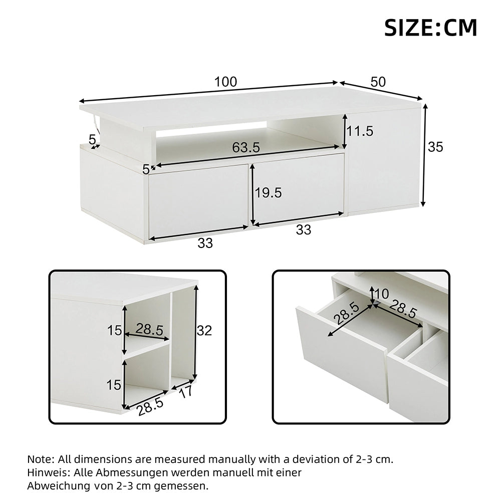 Tavolino-Xylo-100x50x35cm bianco 2 cassetti LED capacit?? 60kg