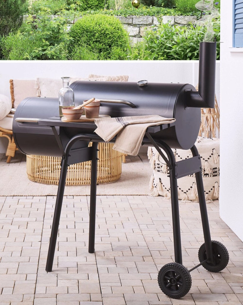 Griglia per barbecue a carbonella in acciaio Nero con coperchio con ruote Griglia di cottura con ripiano affumicatore sfalsato