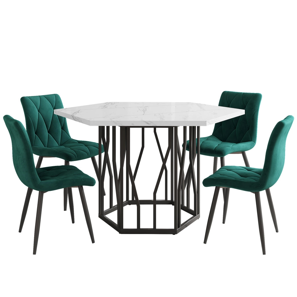 Set Tavolo da Pranzo Esagonale e 4 Sedie ¨C MINIMAL ¨C Marmo, Velluto Verde
