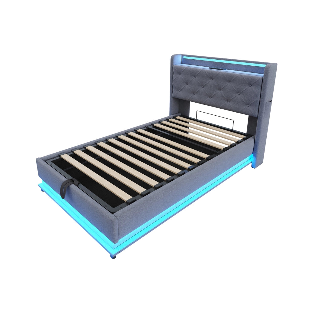 Letto imbottito singolo 90x200 cm con LED; USB e contenitore idraulico; grigio