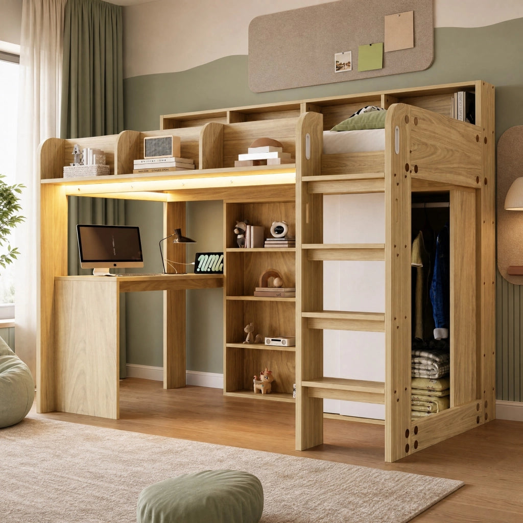Letto a soppalco 90x200 cm con scrivania, armadio e LED