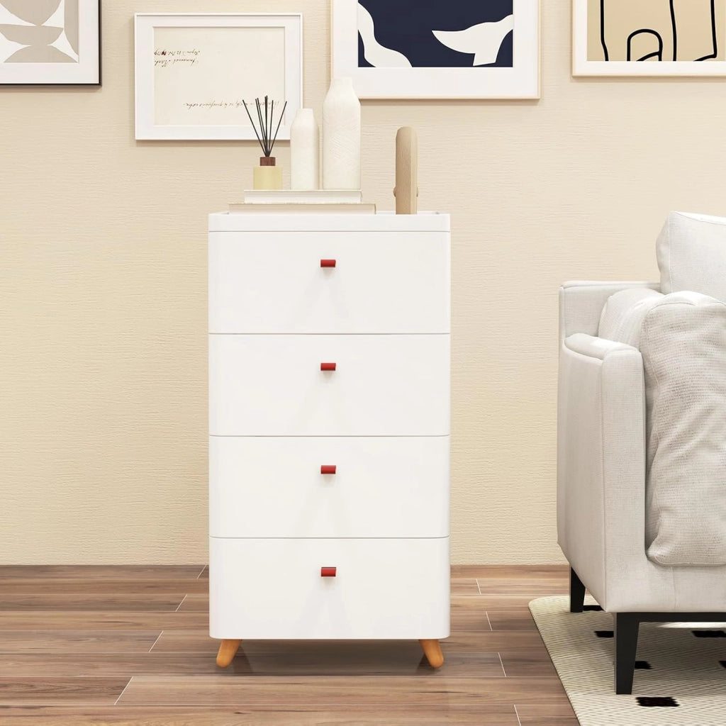 Cassettiera con 4 cassetti, cassettiera con vassoio portaoggetti rimovibile e gambe in legno, piccolo armadietto multiuso, bianco, 42 x 32 x 81 cm