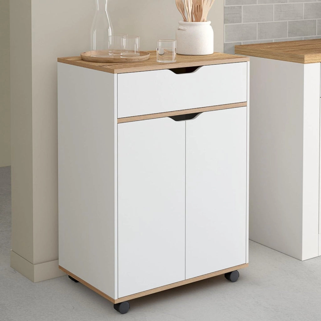 Credenza COSY con cassetto in legno bianco e ripiani in faggio L.60 CM