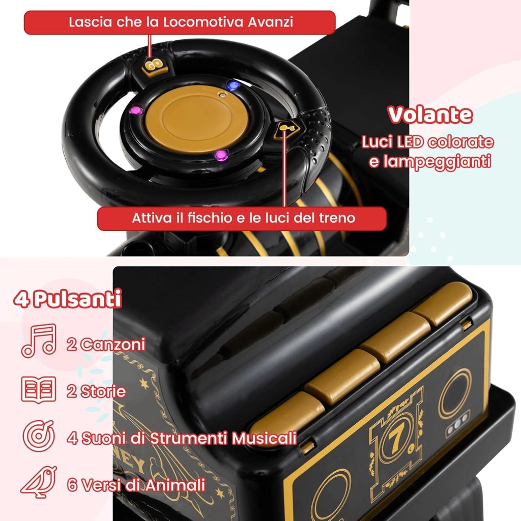 Trenino Elettrico con Vagone, 6V Giocattolo Elettrico a Batteria con Contenitore, Poggiapiedi Estraibili, Musica e Luci LED, Auto Elettrica per Bambini 18+ Mesi