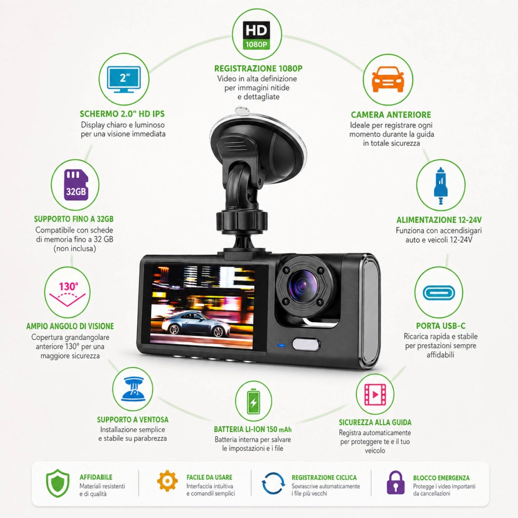 DASH CAM AUTO ANTERIORE 1080P SCHERMO 2" REGISTRATORE GUIDA HD TELECAMERA AUTO