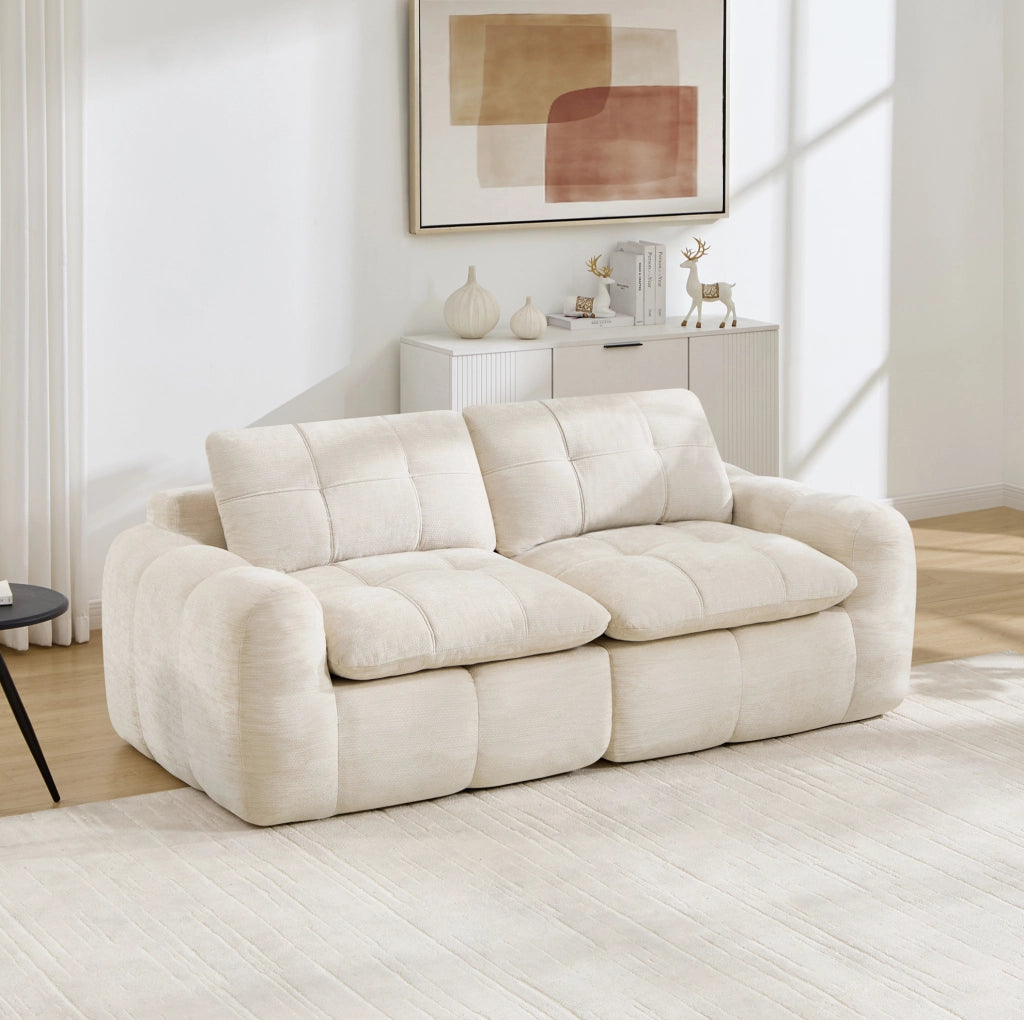 Divano modulare 2 posti in chenille beige; seduta profonda 194x97x68 cm; senza montaggio