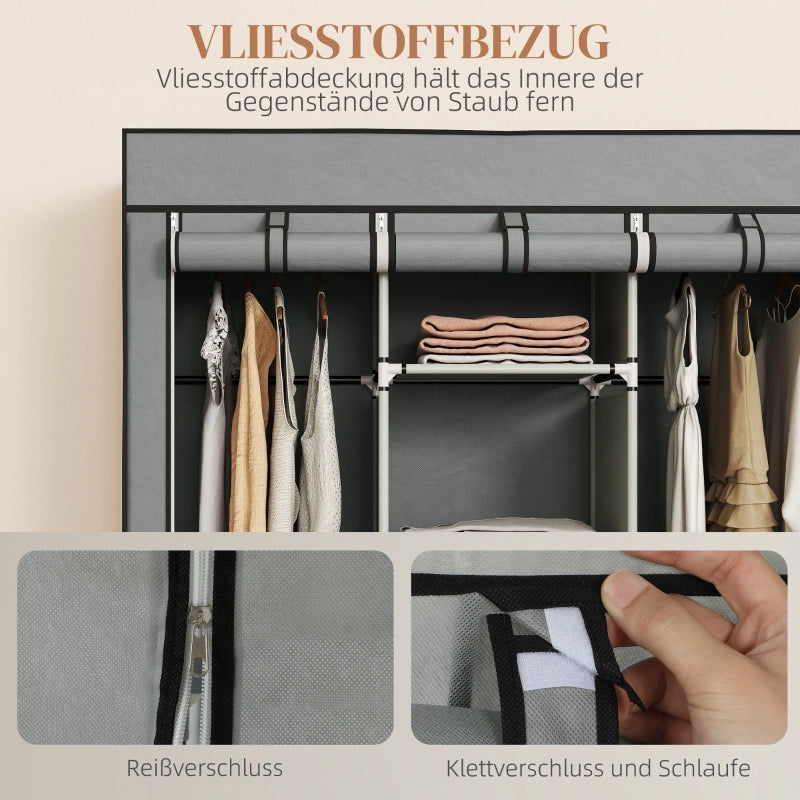 Armadio in tessuto con 2 barre appendiabiti, 5 ripiani e 3 cassetti, grigio chiaro, 125 × 43 × 162,5 cm
