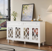 Credenza 140x40x83 cm con 4 ante a specchio; cassetti e ripiano regolabile; MDF bianco