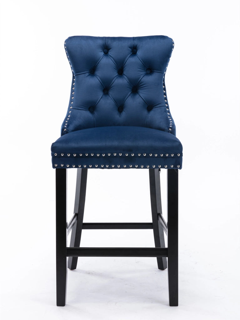 Sgabello da bar in velluto con schienale alto e altezza regolabile per sala da pranzo, gambe in legno massello blu