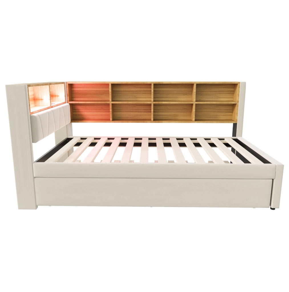 Divano letto 90x200 cm con letto estraibile; LED e contenitori in flanella beige
