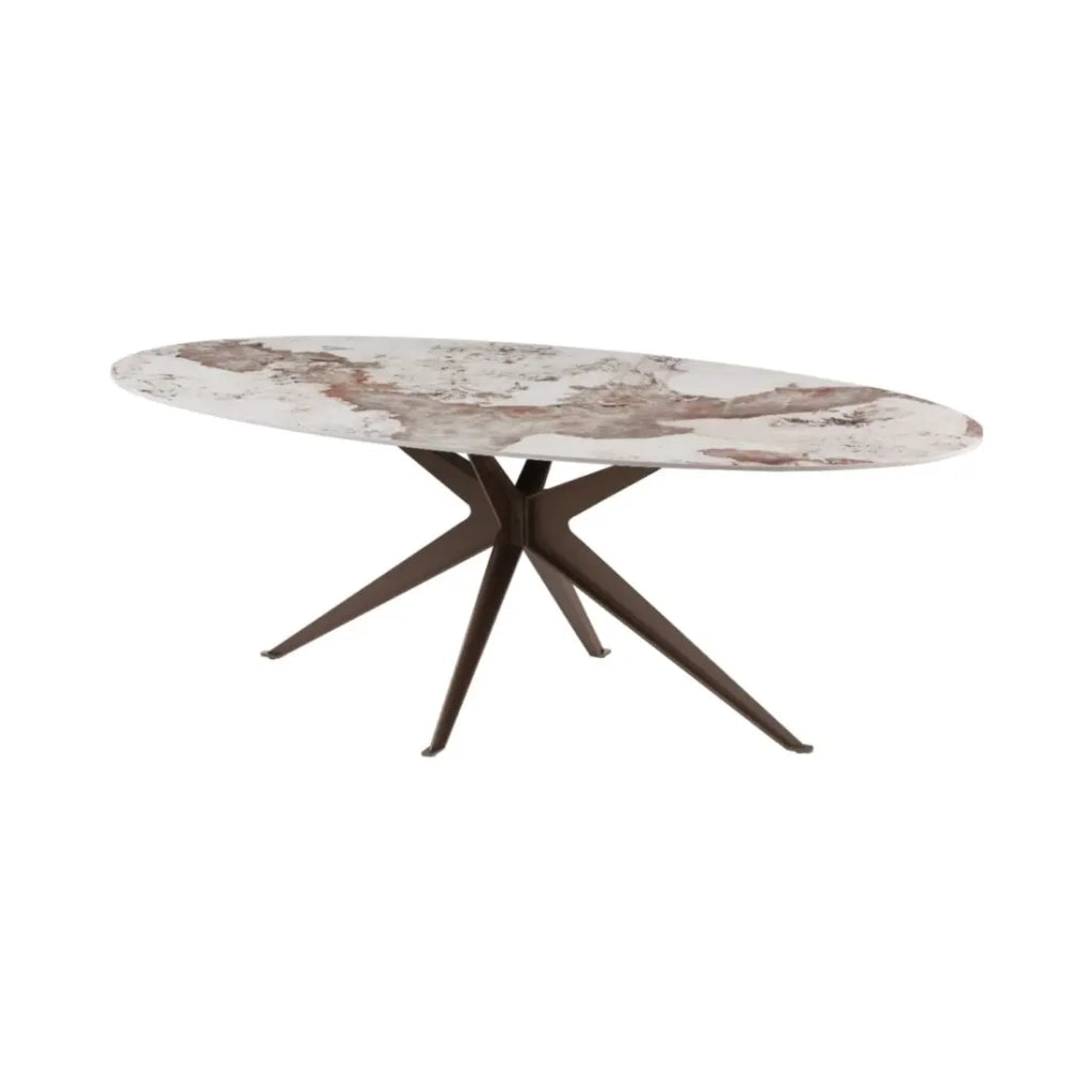 Tavolo da pranzo AVELIS ovale 220 cm in ceramica effetto marmo bianco e metallo bronzo