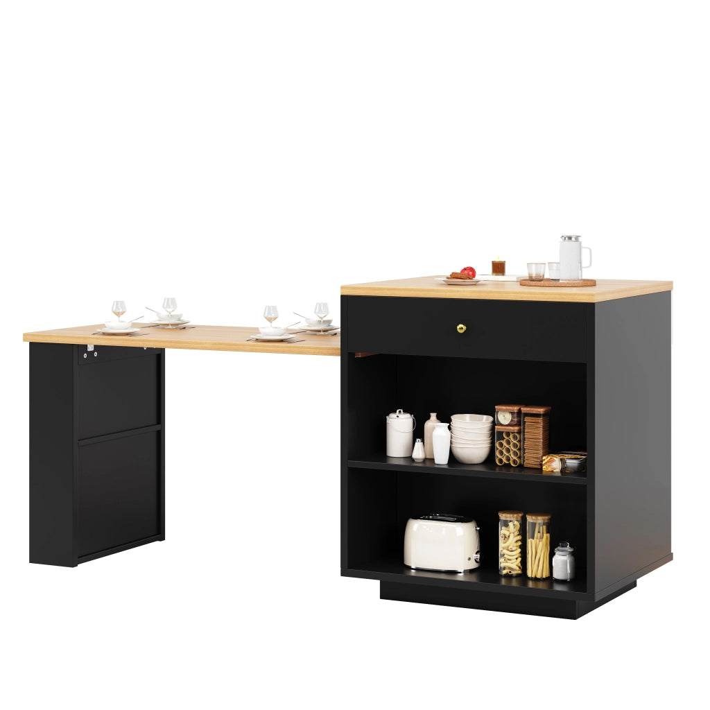 Isola cucina allungabile 122;5-195;5 cm nera con cassetti e luci LED RGB; MDF e vetro
