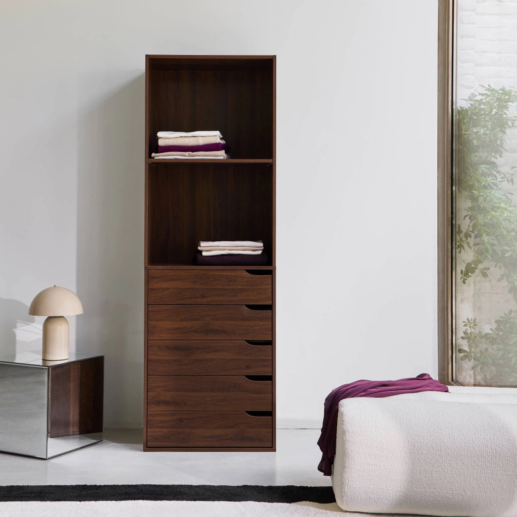Modulo guardaroba decorazione legno 5 cassetti 2 ripiani, noce