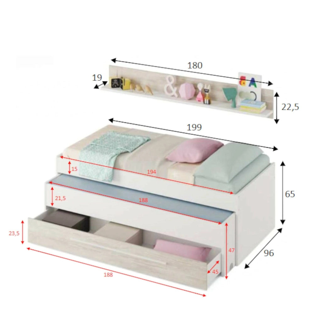 Letto singolo Art, Struttura letto per cameretta, Letto singolo con lettino estraibile e cassettone e mensola abbinata, cm 199x96h65, Bianco