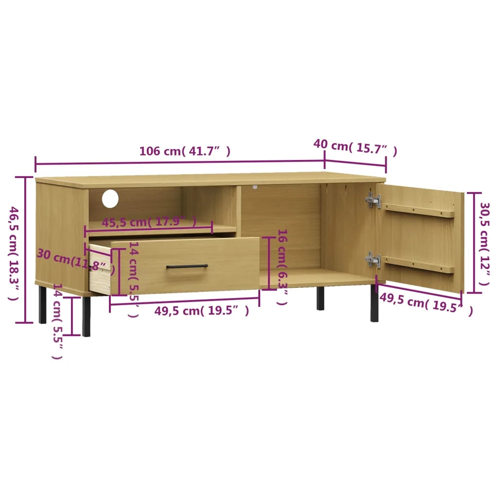Mobile TV con Gambe-Credenza TV-Console TV Metallo Marrone Legno Massello di Pino OSLO 237354