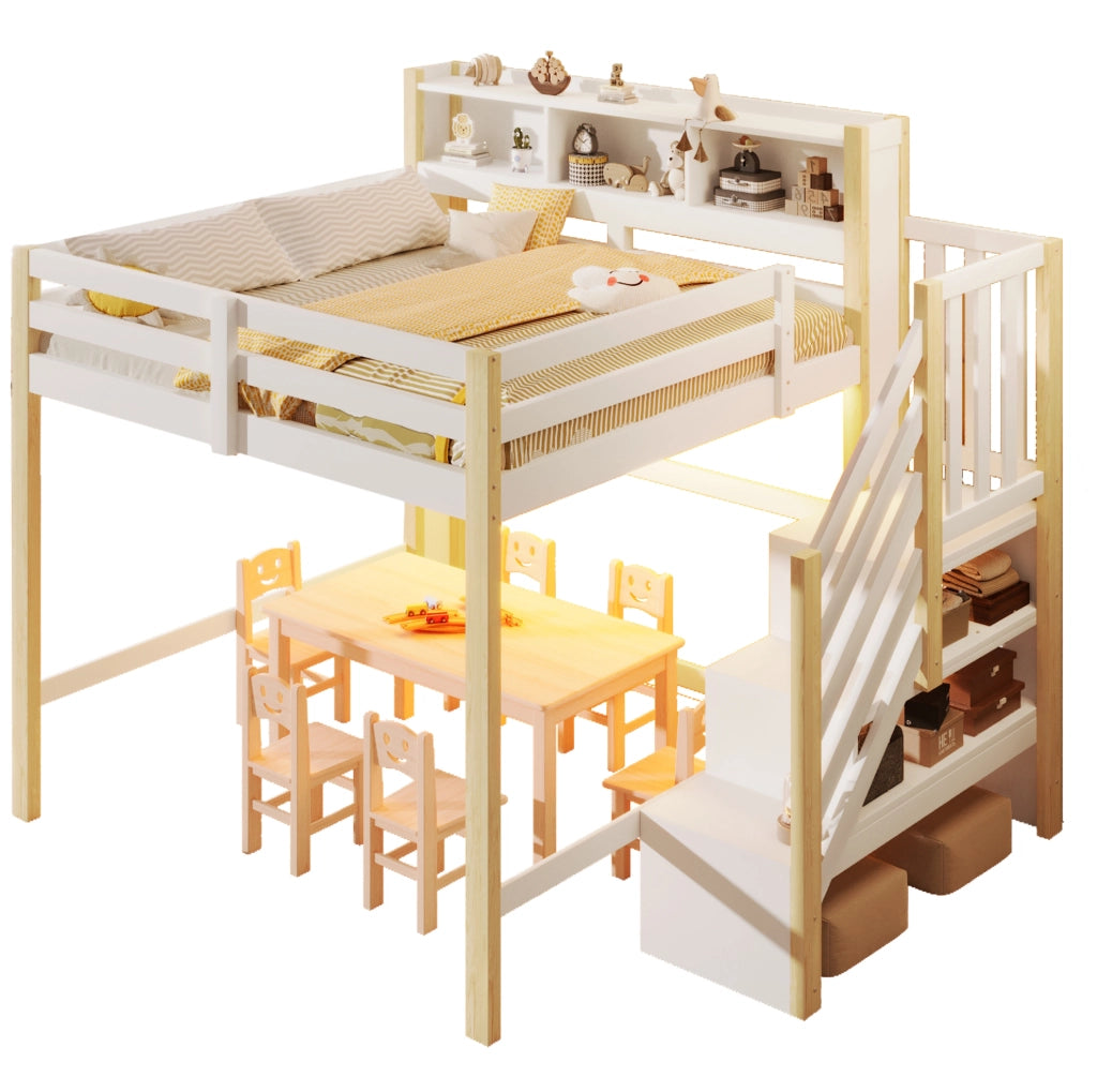Letto a soppalco 140x200 cm con LED, scala contenitore e ampio spazio inferiore