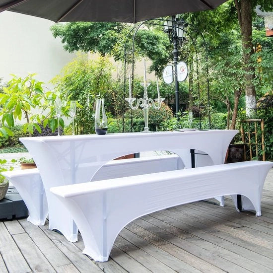 Copricoperte elastiche per tenda da birra, coperture per tavolo da birra, cuscino per banco da birra e tovaglia per 70 cm, set a 3 pezzi, copricoperte ampie per tende da marquee, banco da birra (per tavolo da 70 cm, bianco)