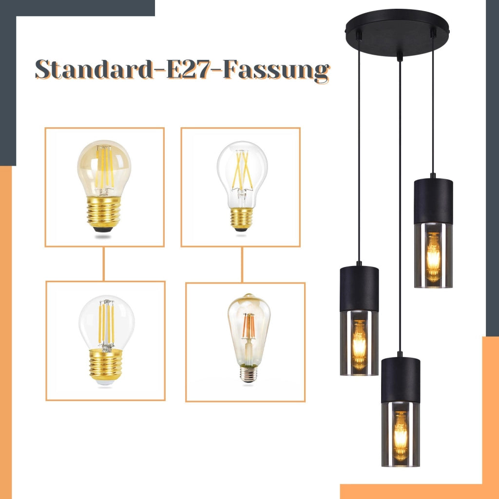 Lampada a sospensione ZMH Lampada a sospensione in vetro a 3 lampadine E27 LED Lampada a sospensione rotonda nera