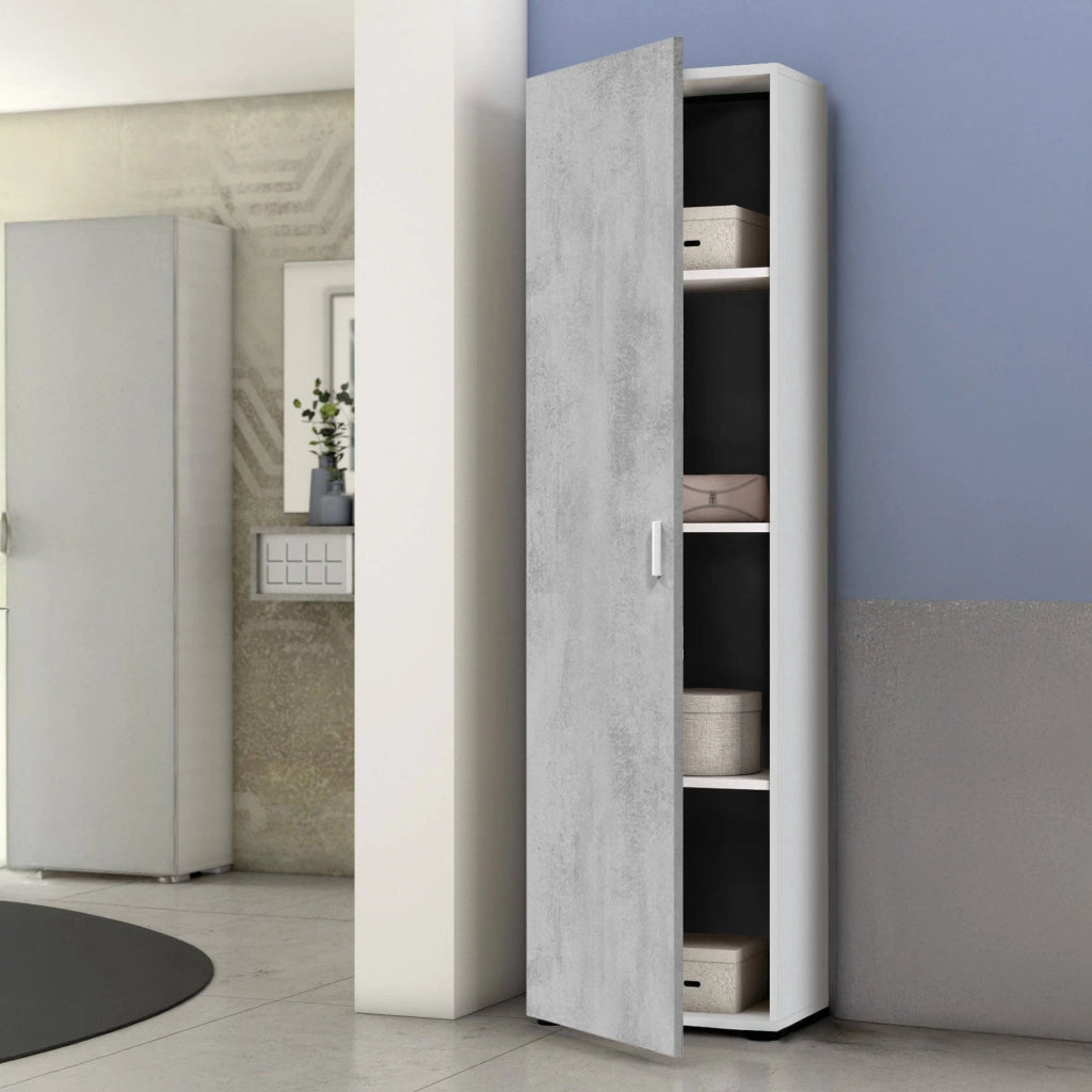 Armadio multiuso Avlis, Mobile ausiliario a 1 anta e 3 ripiani, Guardaroba moderno, Mobile alto a colonna, cm 41x37h182, Cemento e Bianco