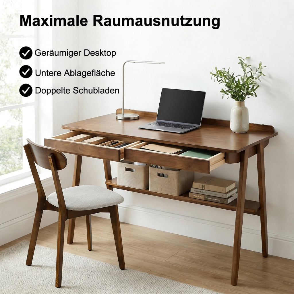 Scrivania in legno massiccio con 2 cassetti, ripiano contenitore e ganci laterali per studio e ufficio 120 × 60 cm
