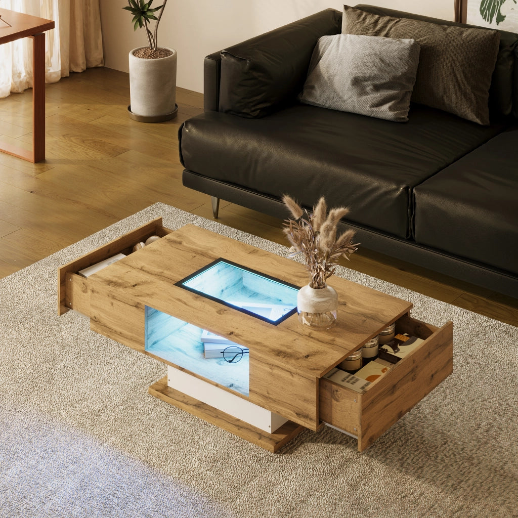 Tavolino da Caffè con 2 Cassetti e LED Regolabile; Piano in Vetro; Stile Moderno; in Pannello di Particelle; 110;2×60×39;7 cm; Naturale
