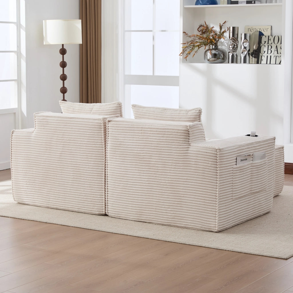 Divano modulare 2 posti - con portabicchieri e tasche laterali - in tessuto a coste beige