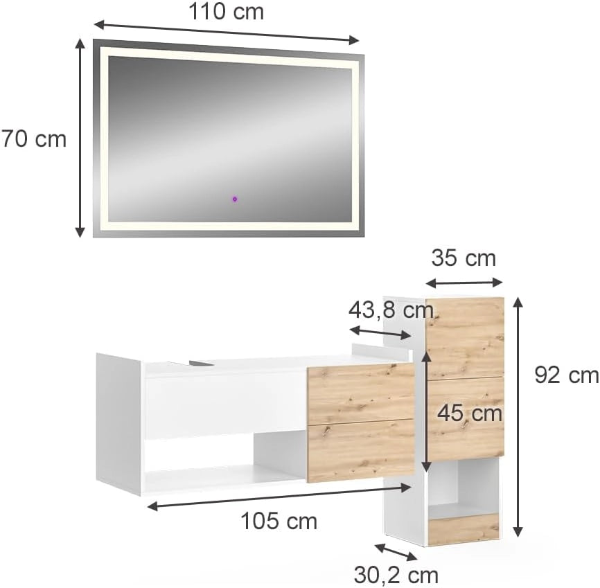 Set di mobili da bagno Alf, Bianco, 105 cm, composto da mobile sottolavabo, specchiera e mobile medio
