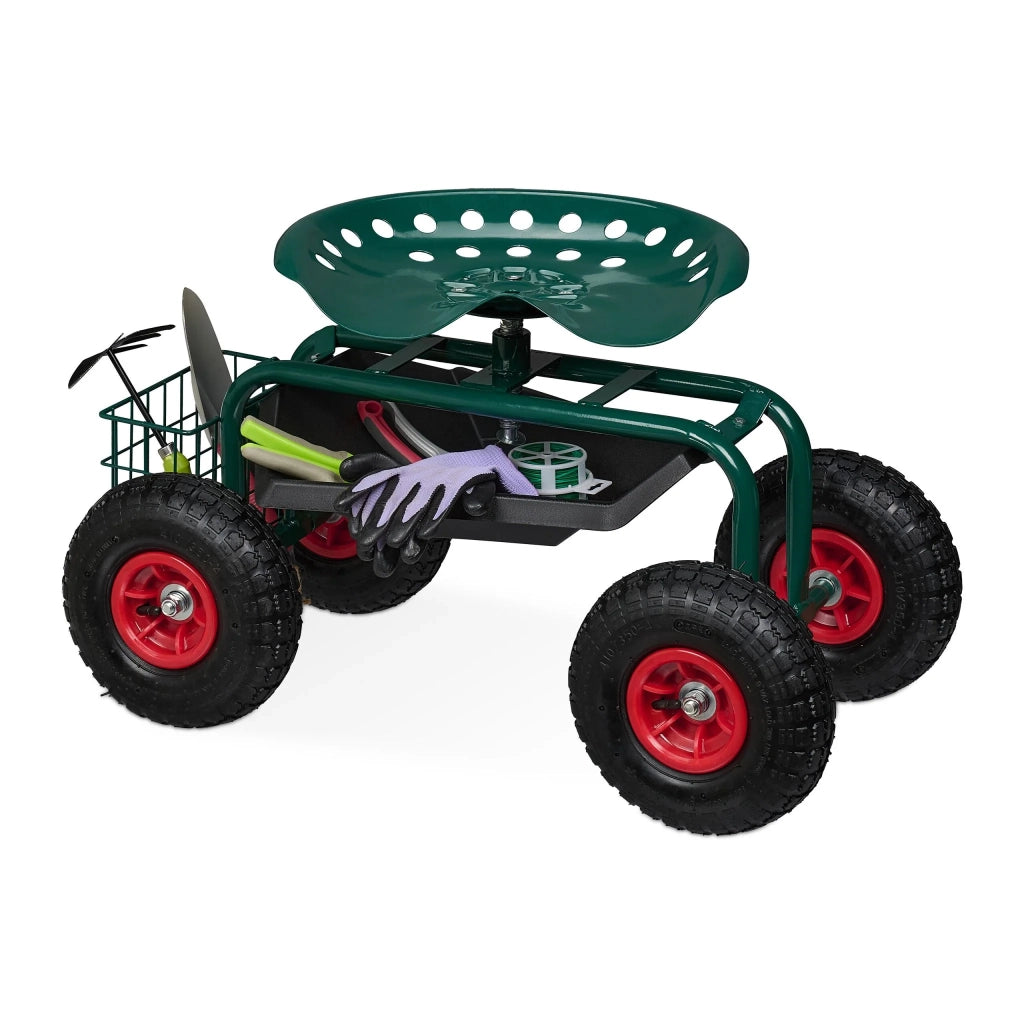 Set di 1 sgabello rotante da giardino regolabile 45-54 x 42 x 81 cm seduta comoda contenitore pratico in acciaio verde 13_0016013