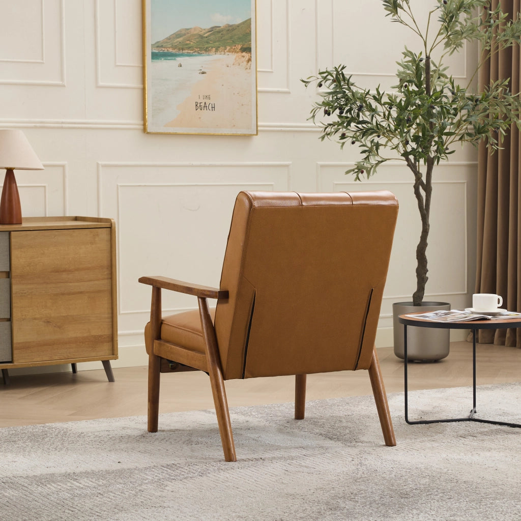 Poltrona Loungesessel con Schienale con Cuciture Pull-Point e Struttura Stabile, in Pelle, Legno, Marrone Chiaro