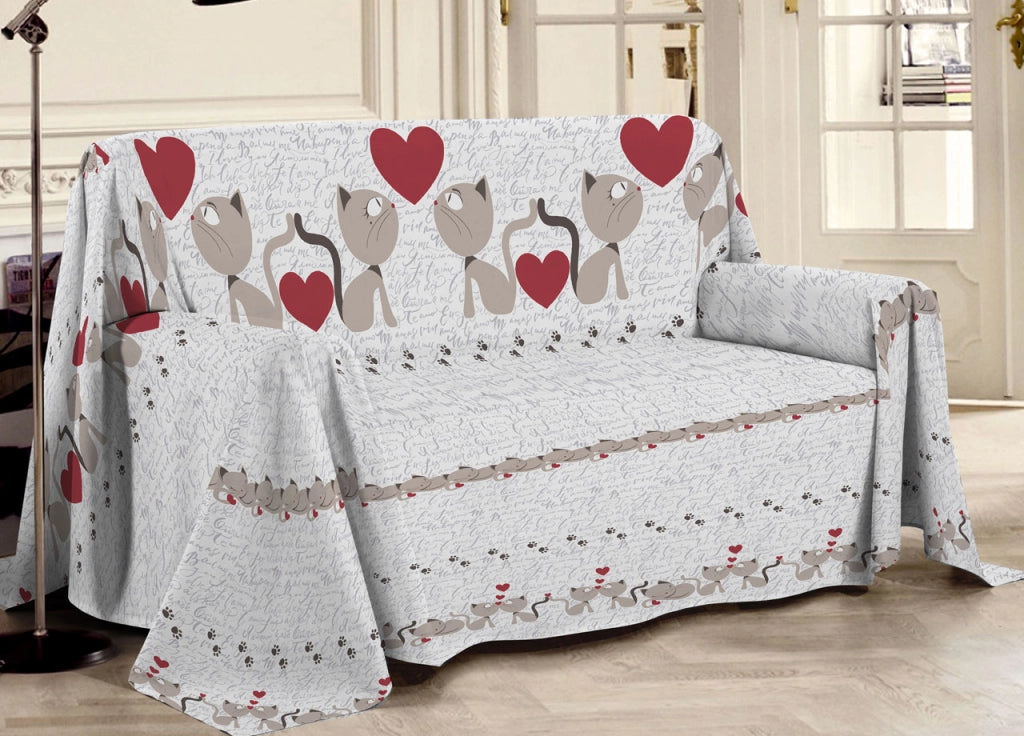 Telo Arredo Multiuso Linea Pensieri Delicati In 100% Cotone Disegno Gattini - Singolo - Beige