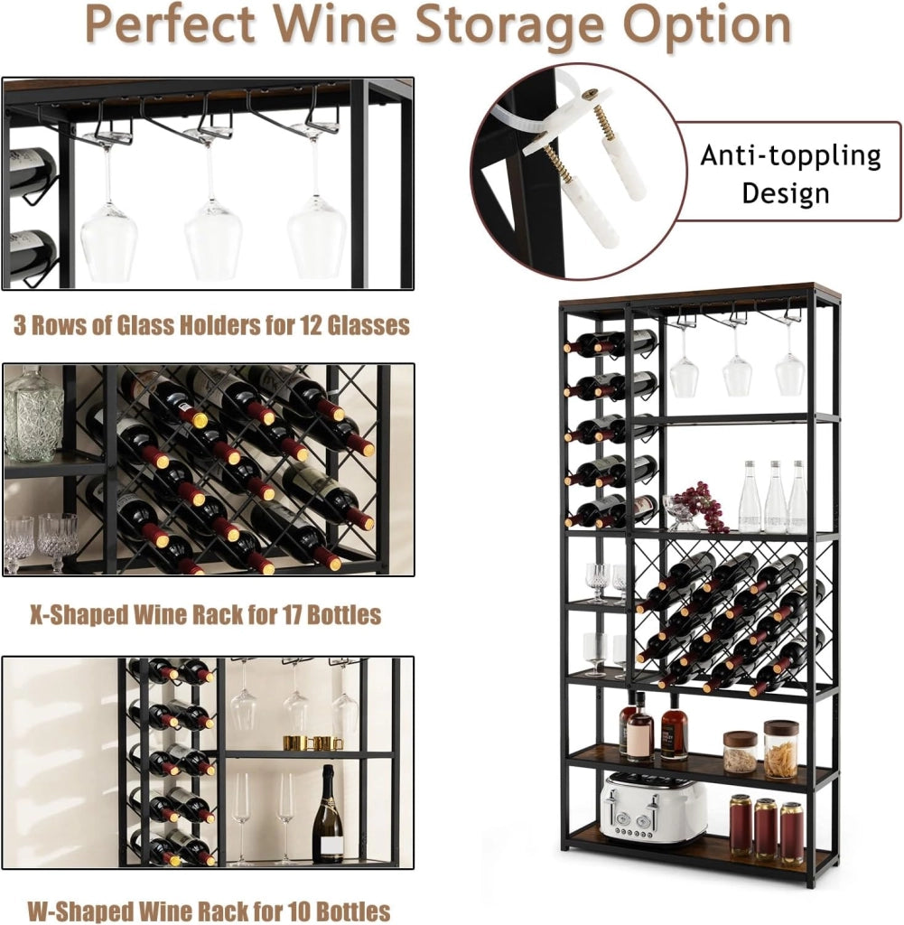 Scaffale da Cucina con 27 Bottiglie, Scaffale per Vino con 7 Livelli di Ripiani e 3 File di Portabicchieri, Scaffalatura in Legno, Mobile Porta Microonde per Sala da Pranzo, 81 x 23 x 166 cm