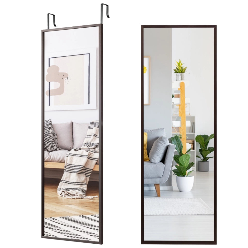 Specchio a figura intera per muro o porta con struttura in ferro, Specchio con 2 set di ganci regolabili Caff¨¨