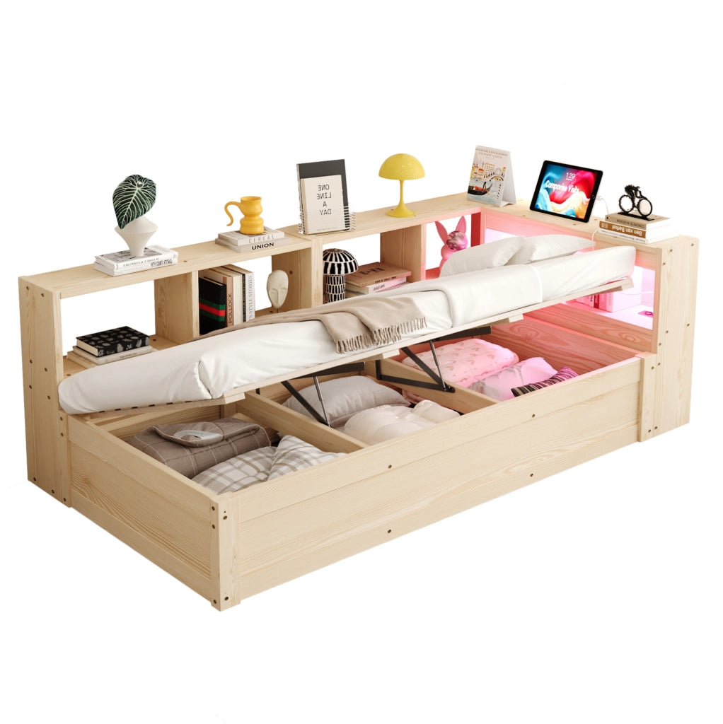 Letto multifunzione 90x200 cm con presa; LED e contenitori in MDF colore naturale