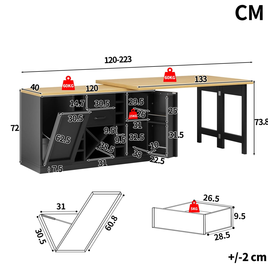 Isola da cucina girevole 120-223 cm con vani contenitore