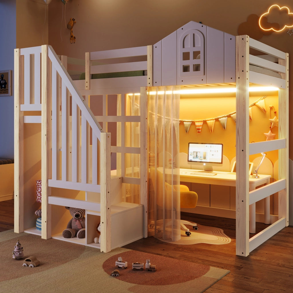 Letto a castello bianco e naturale in pino con luci LED 90x200 cm