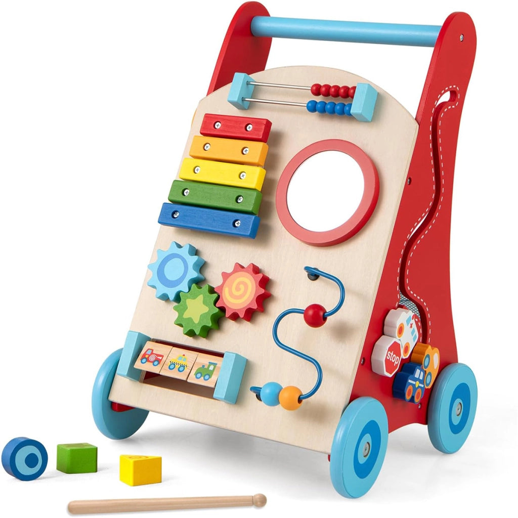 Girello a spinta in legno per bambini con manico e ruote, Giocattolo montessori con contenitore per spingere e tirare-Primi passi