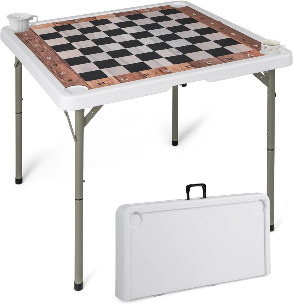 90 cm Tavolo da Scacchi Pieghevole, Tavolo Quadrato per Carte con Tappetino Rimovibile e 4 Portabicchieri, Tavolo da Gioco Portatile in Plastica con Manico per Feste Picnic Campeggio