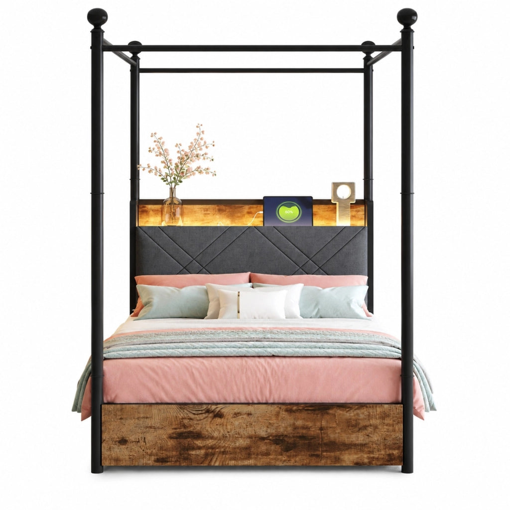 Letto singolo multifunzione 90x190 con LED, USB/Type-C e contenitori