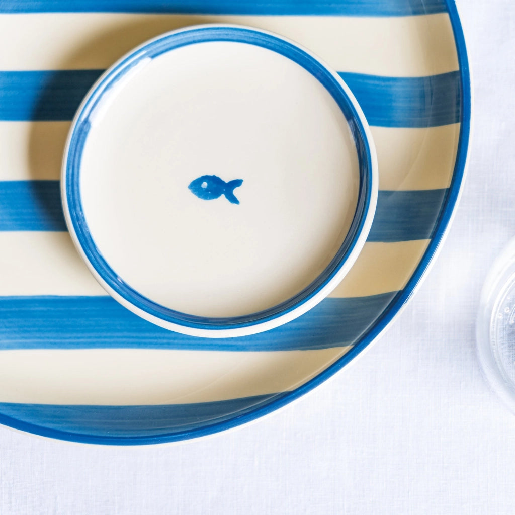 Set di 2 Piatti Piani Artigianali Righe Azzurro Diametro 28 cm Made in Italy Design Elegante e Contemporaneo per Servizio Tavola Esclusivo