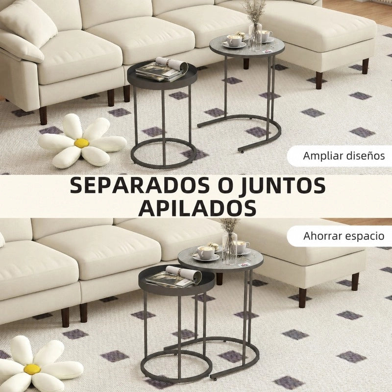 Set 2 tavolini ad incastro ?42 e ?36，5 cm in MDF e metallo grigio industriale