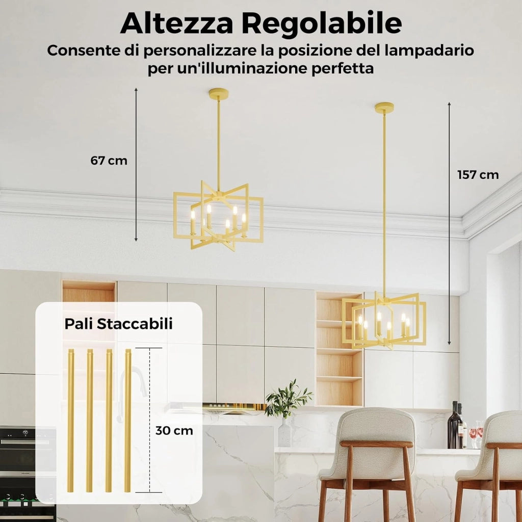 Lampadario a Sospensione a 6 Luci, Lampada a Sospensione Geometrica Moderna in Metallo Industriale con Altezza Regolabile, Lampada da Soffitto per Cucina, Salotto e Camera da Letto (Bronzo)