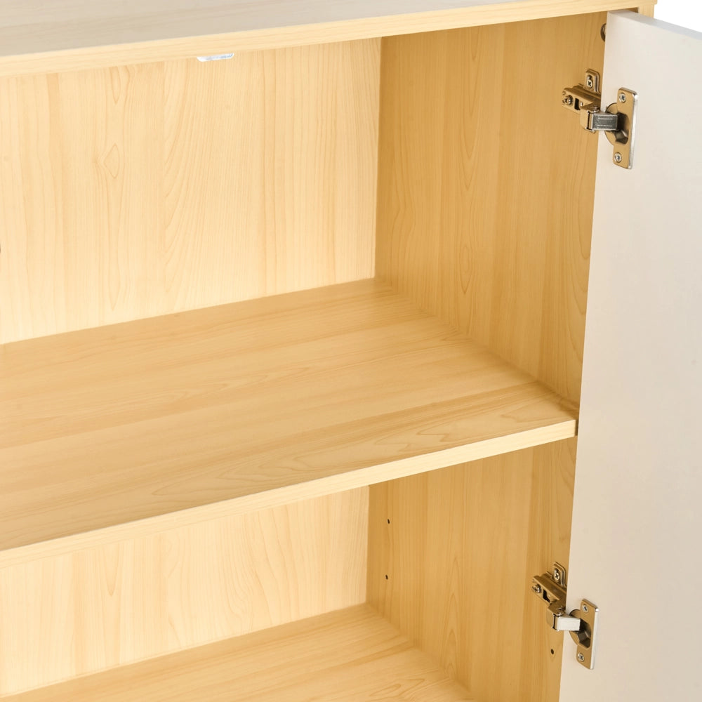 Armadietto contenitore Armadietto in particelle di legno bianco marrone chiaro con 3 ripiani e 2 porte per l'ufficio moderno.