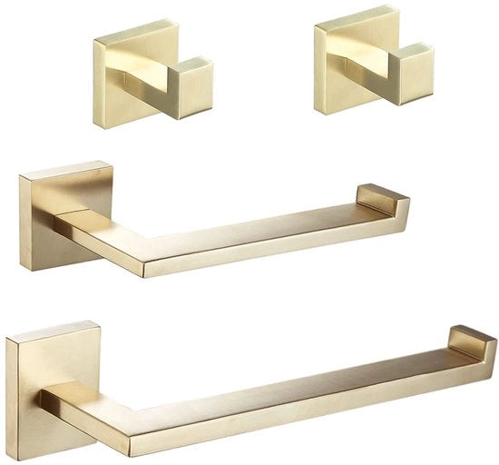 Accessori da bagno in acciaio inox SUS, set da 4 pezzi - 1 hanger per asciugamano + 1 appoggio per carta igienica + 2 clip per asciugamano, fissaggio alla parete