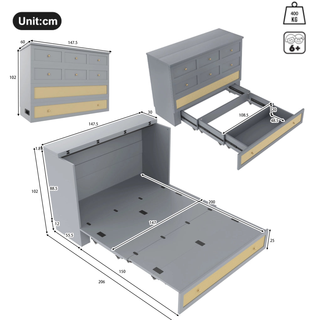 Letto trasformabile 140x200 cm con cassetti; scaffale; USB e presa di corrente; grigio