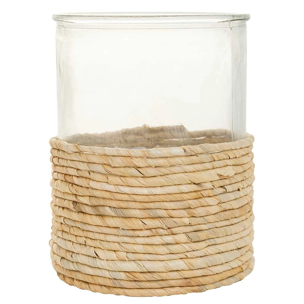 Vaso in vetro marrone e fibra naturale d13x17h