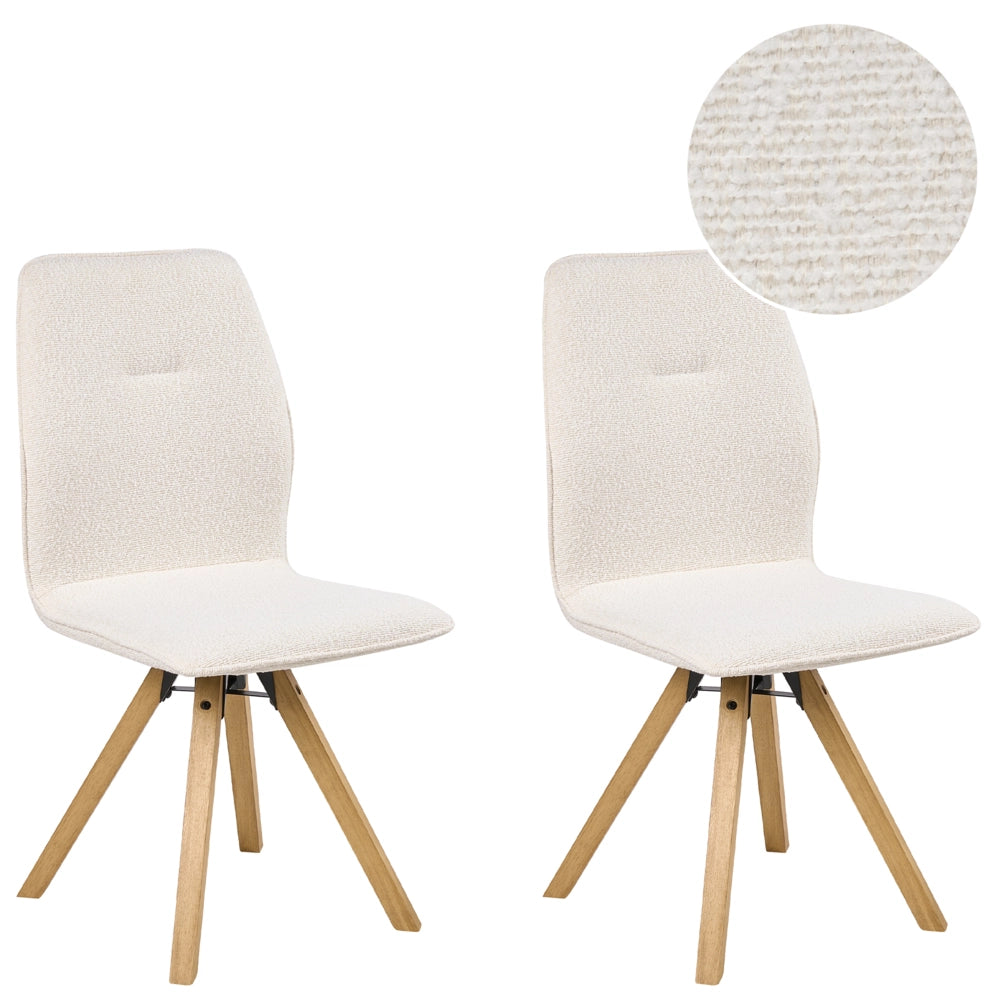 Set di 2 sedie girevoli Boucle per sala da pranzo Rivestimento in tessuto bianco sporco Base con gambe in legno girevoli in metallo