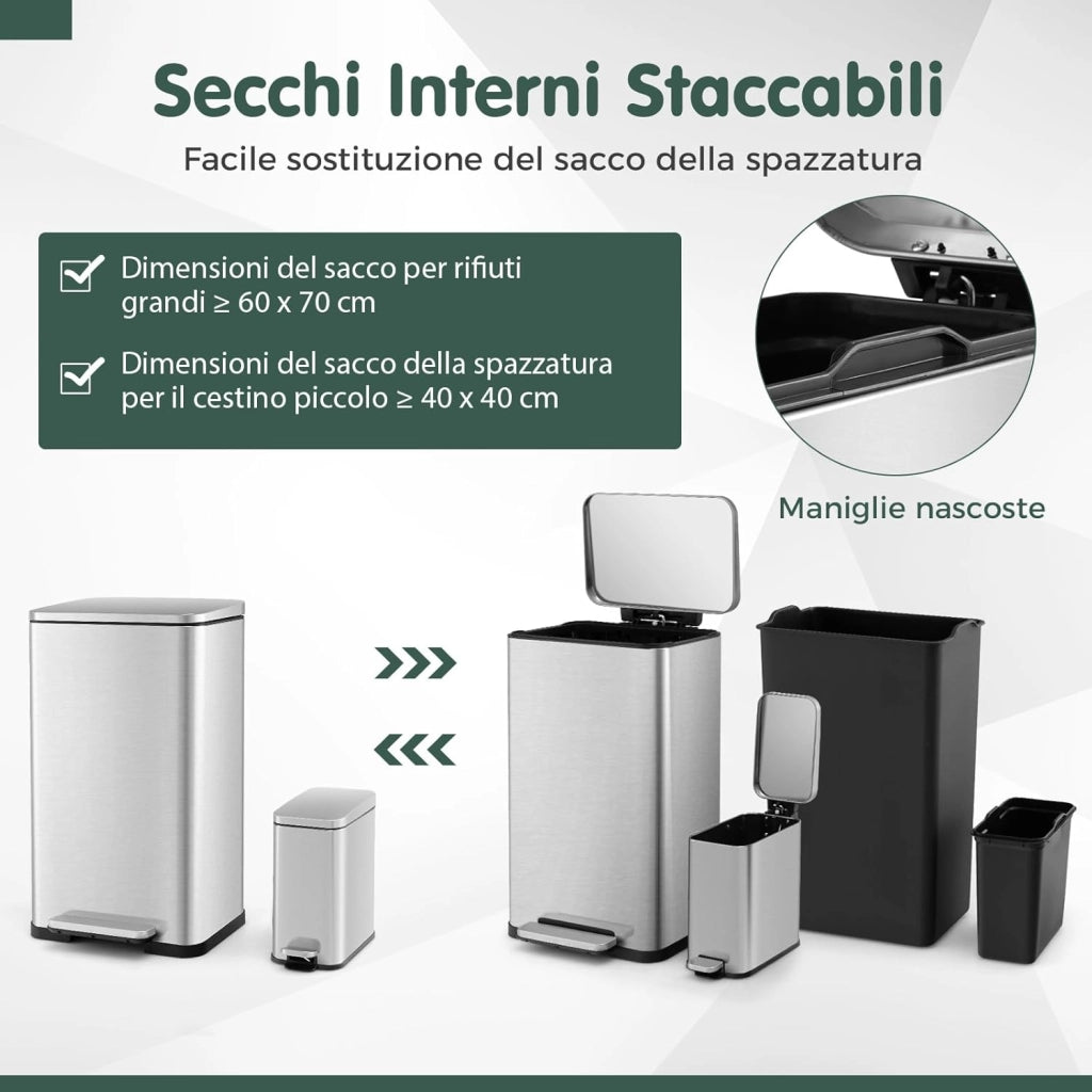 Set di 2 Cestini per Spazzatura 40/6L, Cestino per Rifiuti in Acciaio Inox con Secchi Interni Rimovibili, Coperchi Aperti e Chiusura Morbida, Bidoni per Cucina Bagno e Ufficio